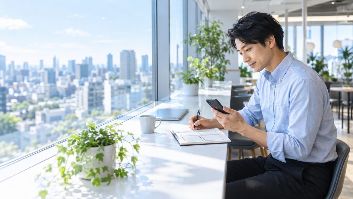 オンライン英会話を1年続けても話せない社会人が、受け方を切り替える1ヶ月の計画をオフィスの休憩スペースで立てている様子