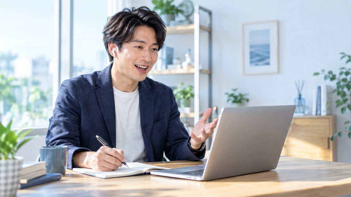 オンライン英会話を1年続けても話せない社会人が、受け方を変えて自宅のデスクで前向きにレッスンに臨んでいる様子