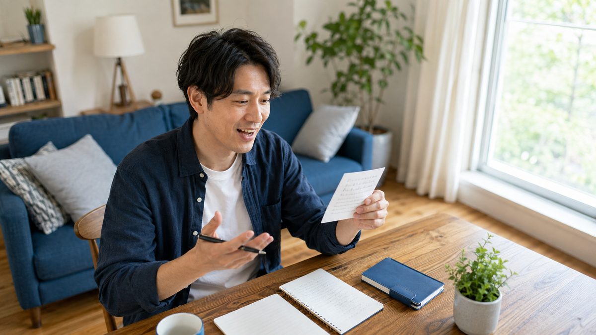 英語が話せない社会人が、日本語で書いたメモを見ながら口頭英作文で英語を組み立てて声に出している自宅リビング
