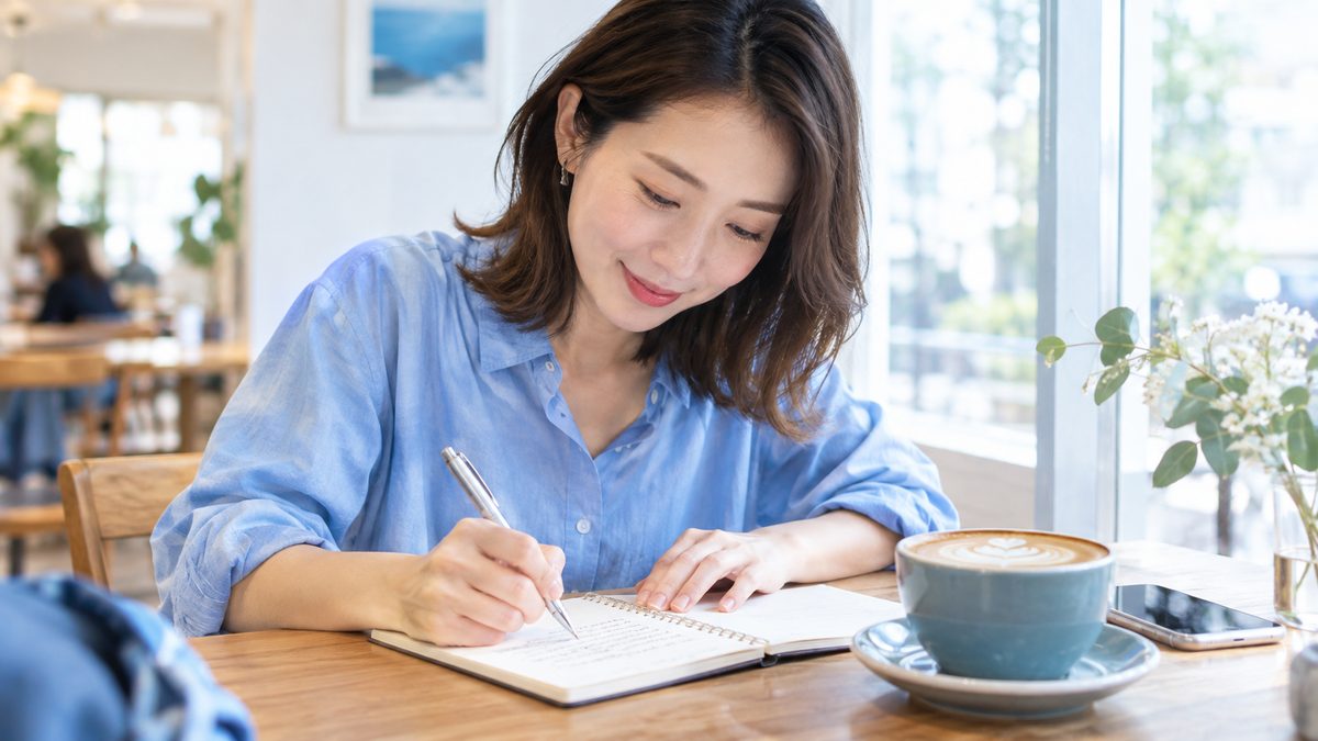 オンライン英会話を1年続けても話せない状態を打開するため、社会人がレッスン前にカフェで話す内容を3文のメモにまとめている様子