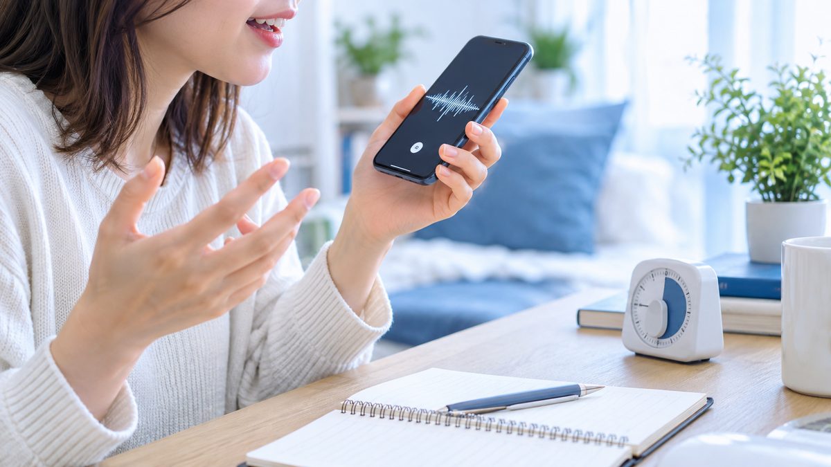 オンライン英会話を1年続けても話せないと感じていた社会人が、伸びを確かめるためスマートフォンで1分間の英語スピーチを録音している手元