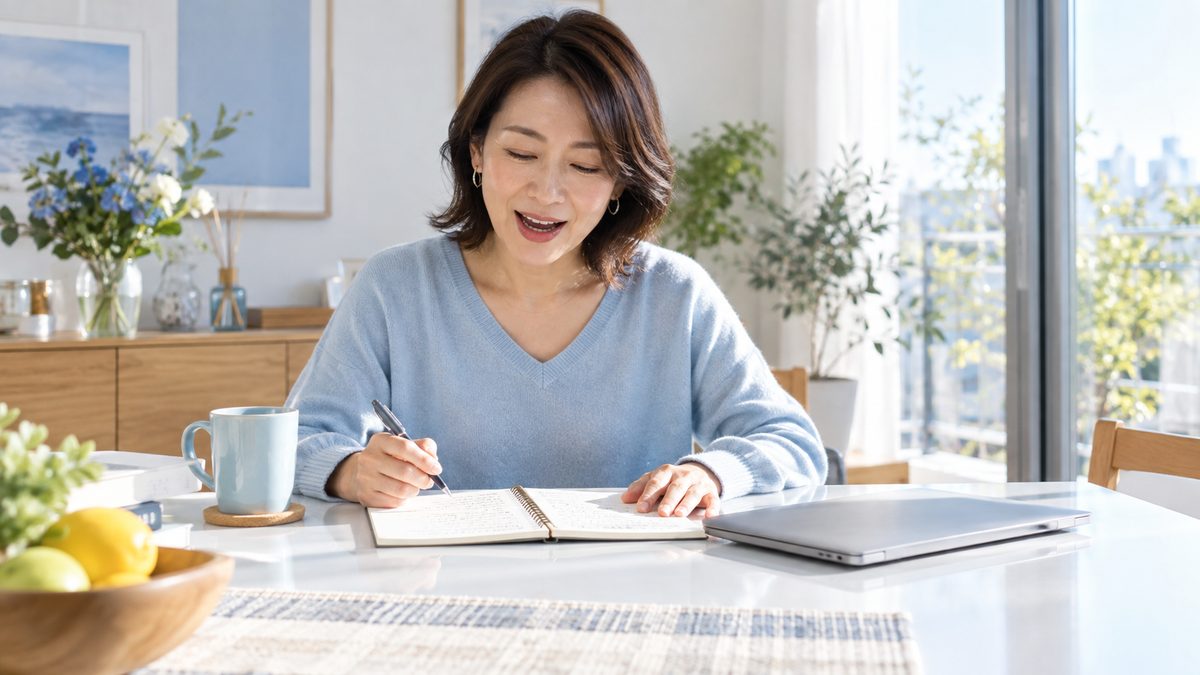 オンライン英会話を1年続けても話せない社会人が、レッスン後にダイニングテーブルで言えなかった一文を声に出して練習している様子