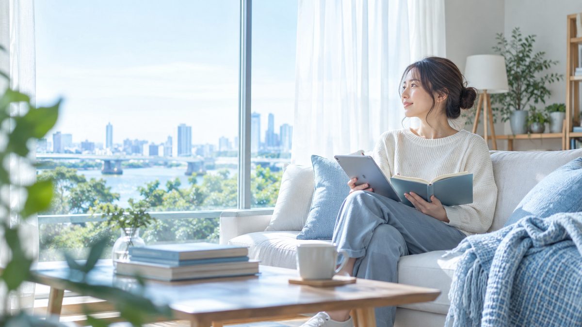 オンライン英会話を1年続けても話せないと感じた社会人が、窓辺でこれまでのレッスンの記録を穏やかに振り返っている様子