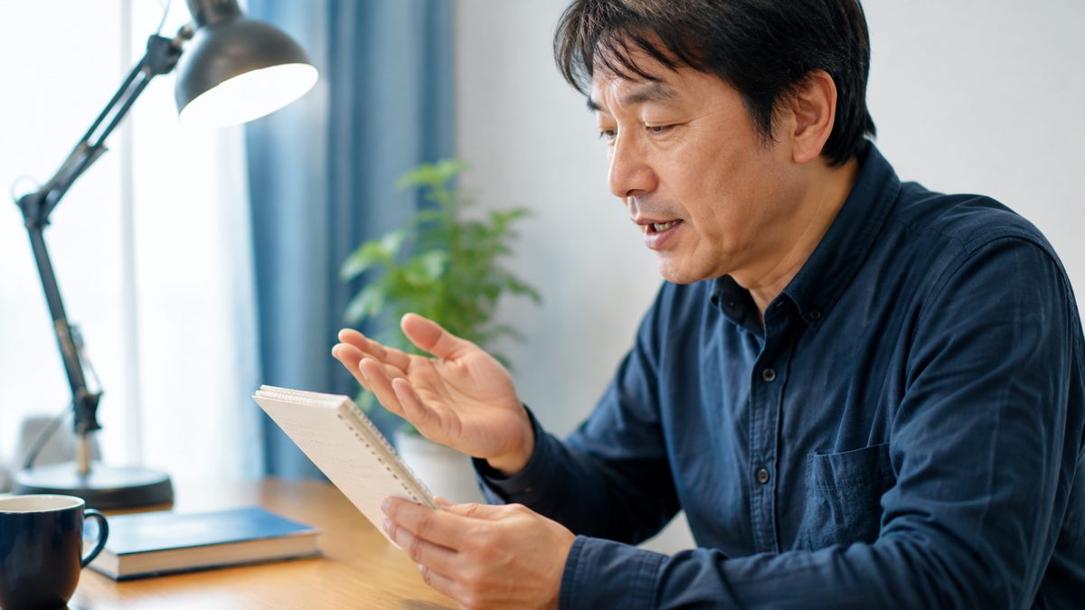 英語が話せない社会人が単語帳を閉じ、知っている語だけで短い英文を声に出す練習をしている書斎の手元