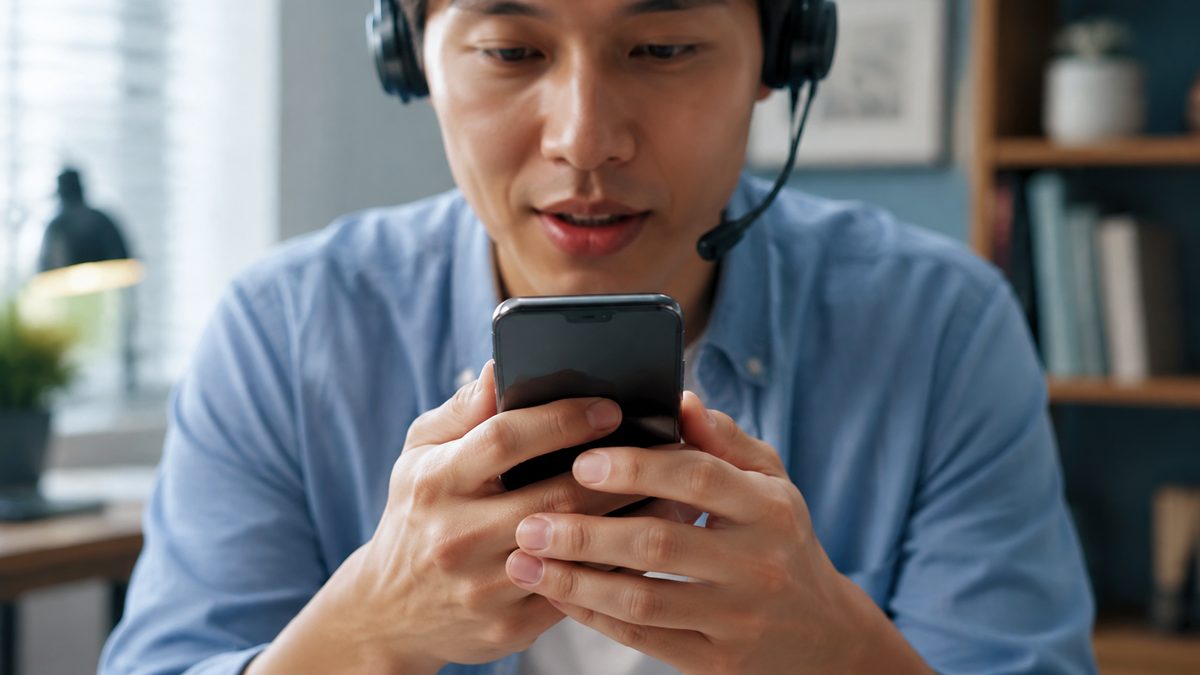 英語が話せない社会人が3ヶ月後の変化を確認するため、静かな自室でスマートフォンのスピーキングテストを受験している手元