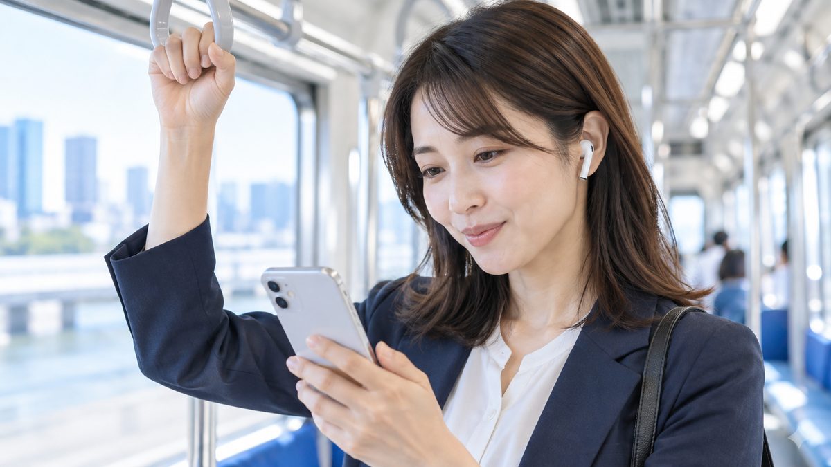 通勤電車で立ちながら片手でスマホの英語学習アプリを進め、スキマ時間にシャドーイングの準備をする社会人