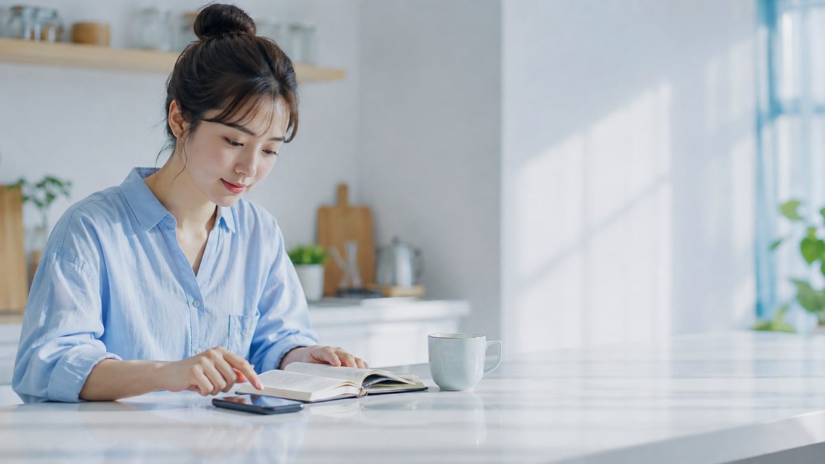 英語が話せない社会人が1日20分の学習を続けるため、朝のキッチンでタイマーとノートを用意している様子