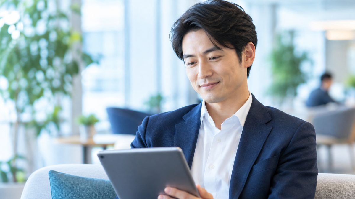 VERSANTスコアの目安について疑問を確認する社会人が、オフィスのラウンジでタブレットを見ながら納得した表情を浮かべている様子