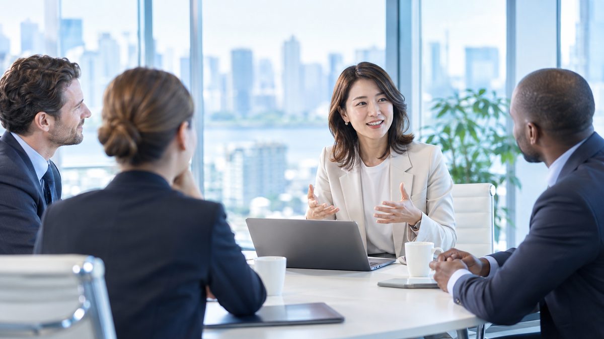 VERSANTスコアの目安を仕事に生かす社会人が、ガラス張りの会議室で多国籍の同僚と英語で意見を交わしている様子