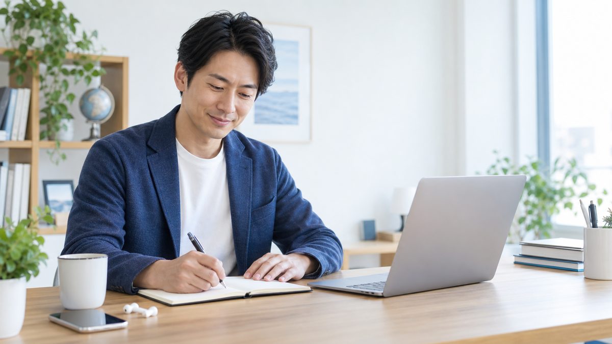 VERSANTスコアの目安を確認した社会人が、自宅のデスクで次の学習計画をノートにまとめている様子