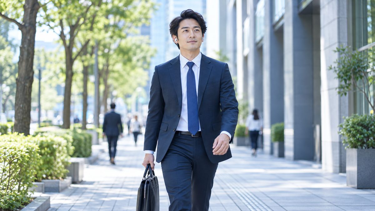 VERSANTスコアの目安で自分の現在地を知った社会人が、朝のオフィス街をイヤホンで英語を聞きながら前向きに歩いている様子