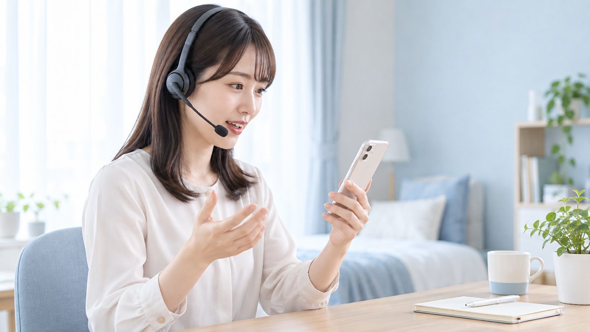 VERSANTスコアの目安を知る前に、静かな自室でヘッドセットを着けてスマートフォンのスピーキングテストに回答している社会人