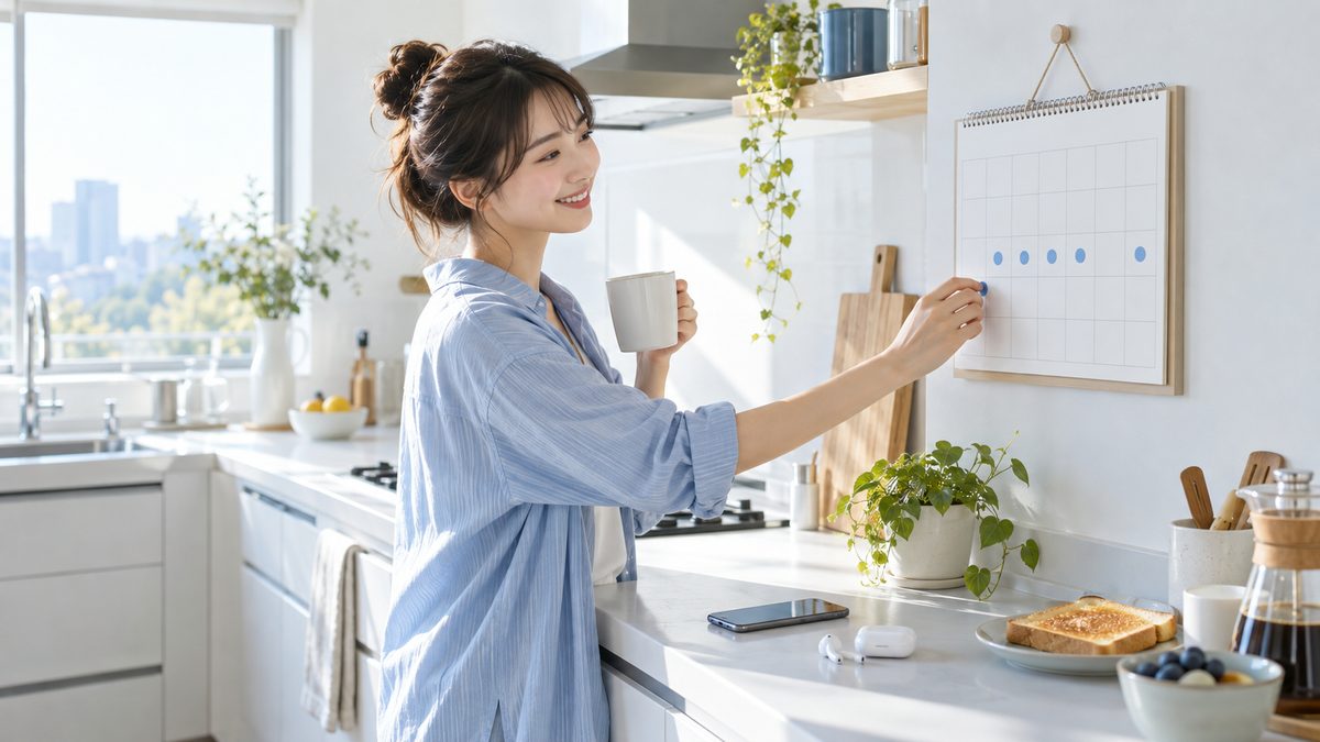 VERSANTスコアの目安に向けた3ヶ月の学習計画を立てるため、朝のキッチンカウンターで無地のカレンダーに色付きのシールを貼っている社会人