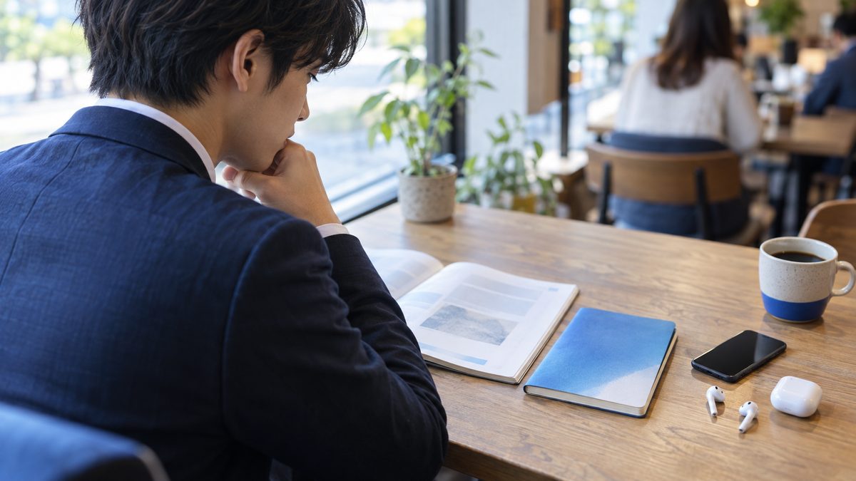 VERSANTスコアの目安をTOEICと比べて考える社会人が、カフェで問題集とイヤホンを並べて学習の比重を見直している様子