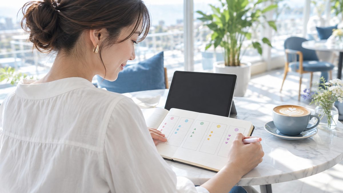 平日5日の通勤時間というスキマ時間にあてる英語学習の1週間メニューを、週末のカフェでノートに組み立てる社会人