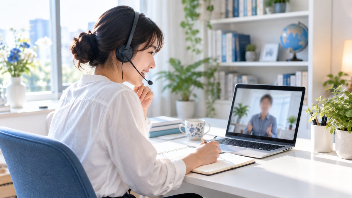オンライン英会話を1年続けても話せない悩みを抱えていた社会人が、担任講師とのオンラインレッスンで笑顔で会話している様子