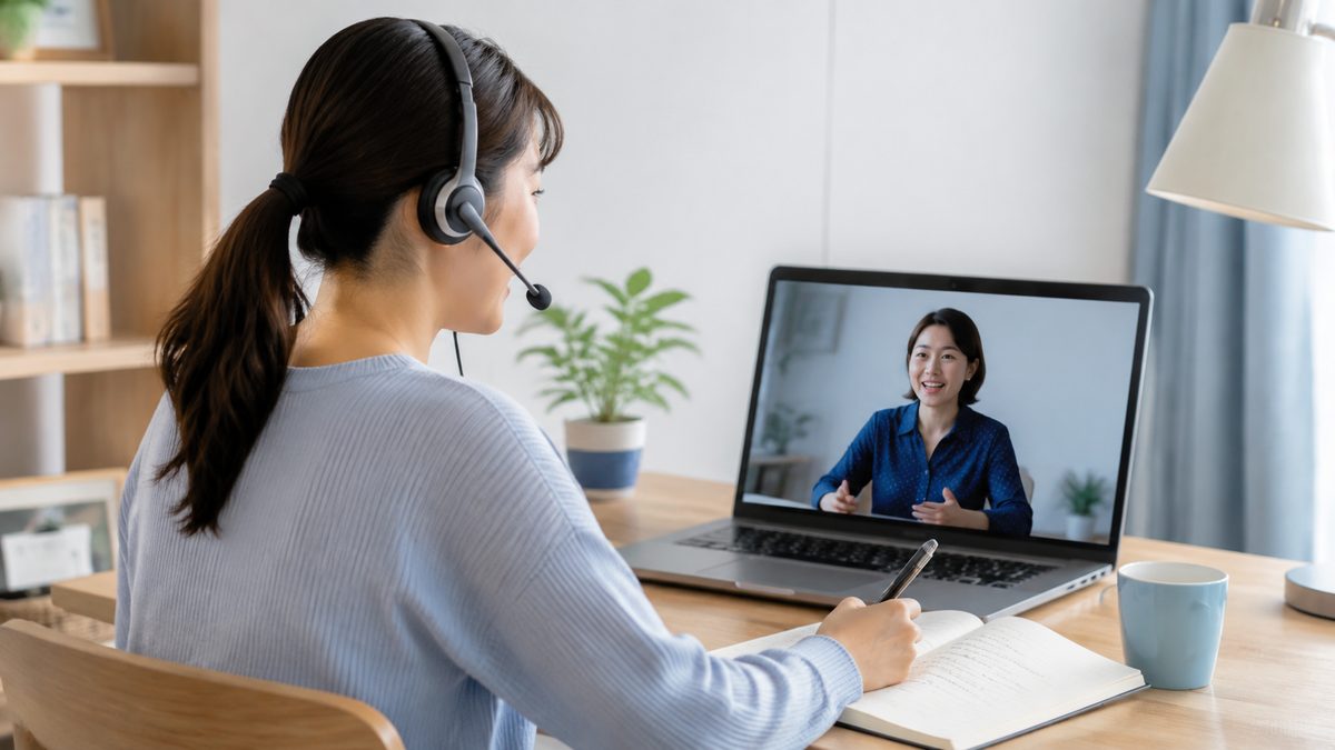 英語が話せない社会人が担任講師とのオンラインレッスンで、画面越しに笑顔で会話している自宅デスクの様子