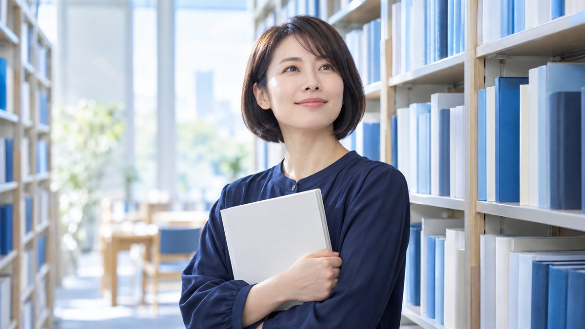 英検1級のレベルと難易度を確かめるように、図書館で問題冊子を手に前を見つめる女性