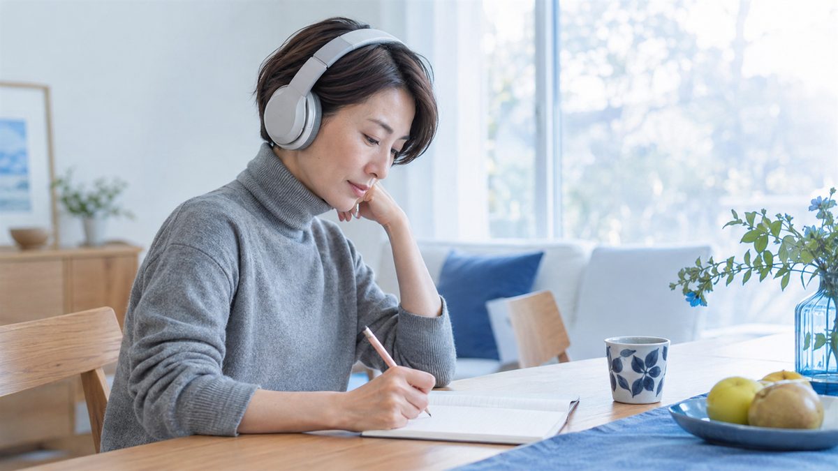 ヘッドホンで英語の音声を聞きながらノートにメモを取り、英検1級の技能別の難しさに向き合う女性
