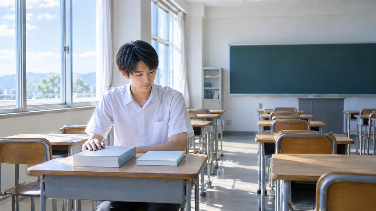 放課後の教室で厚さの違う2冊の問題集を並べ、英検準1級から1級へ進む準備をする男子高校生