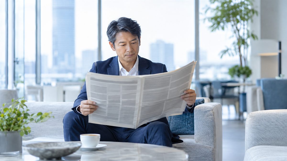 オフィスのラウンジで英字新聞を読み、社会的な話題の英語を理解する英検1級レベルのビジネスパーソン
