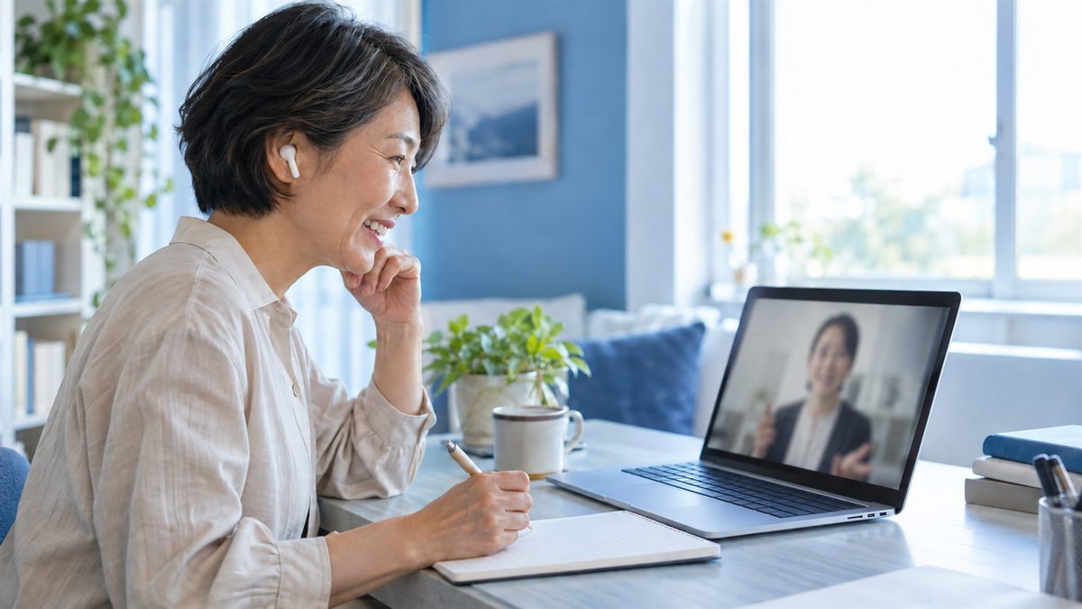 自宅でオンラインレッスンを受け、英検1級に向けた学習について講師からフィードバックを受ける女性