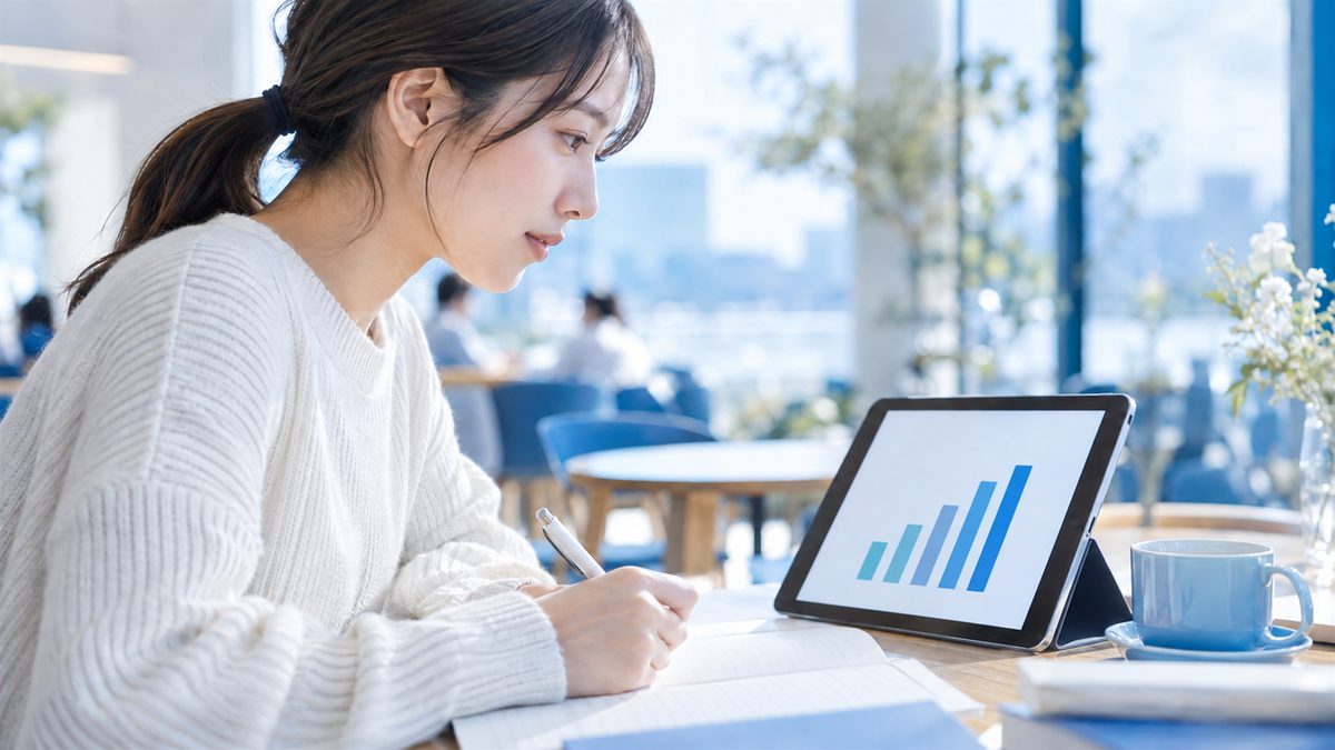 カフェでタブレットの成績グラフを見ながら、英検1級の合格点と自分のスコアの差を分析する大学生