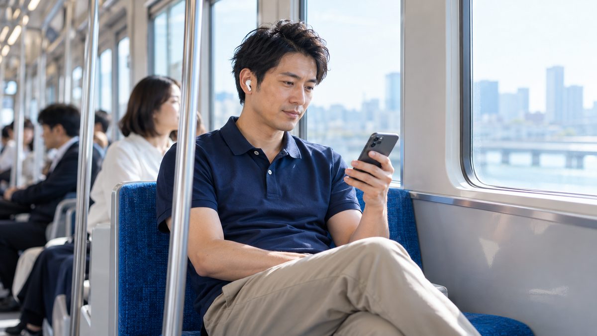 朝の通勤電車でイヤホンをつけ、スマホで英検1級のレッスンを復習する男性