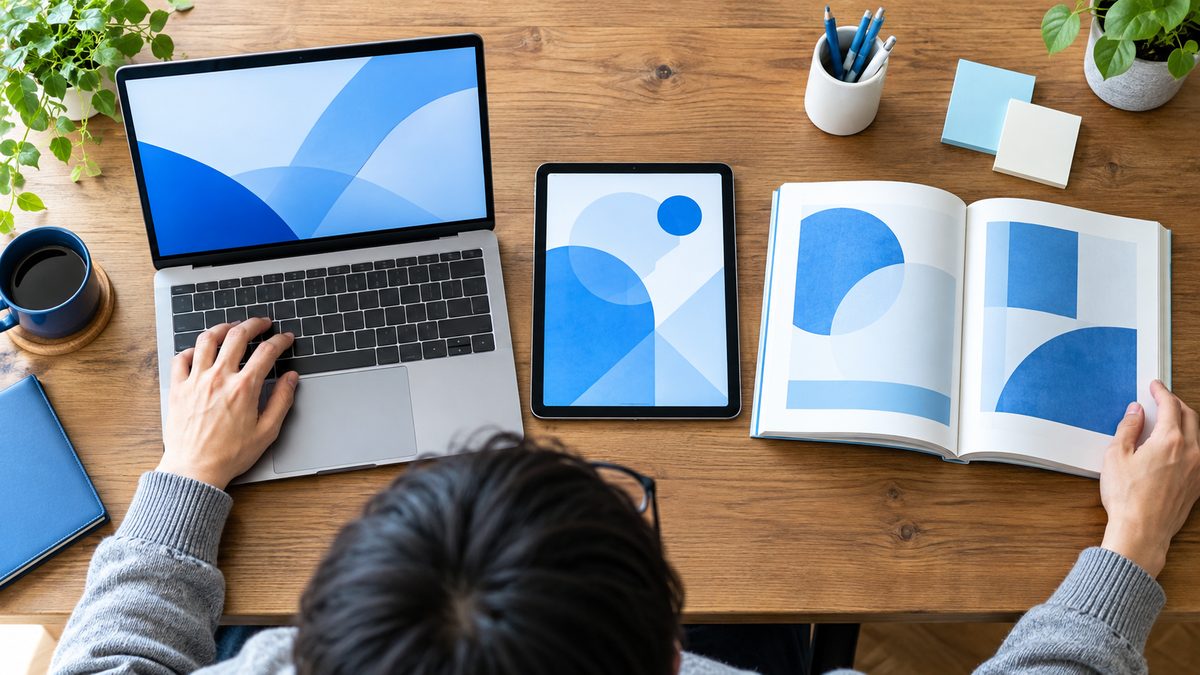 ノートPC・タブレット・紙のテキストを机に並べ、英検1級の講座の種類を見比べる男性の手元