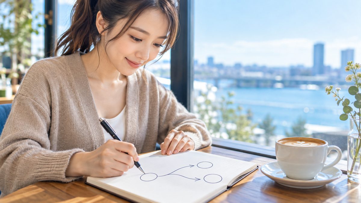 カフェでノートに2つの選択肢を図で整理し、英検1級を独学で続けるか講座に切り替えるかを判断する女性