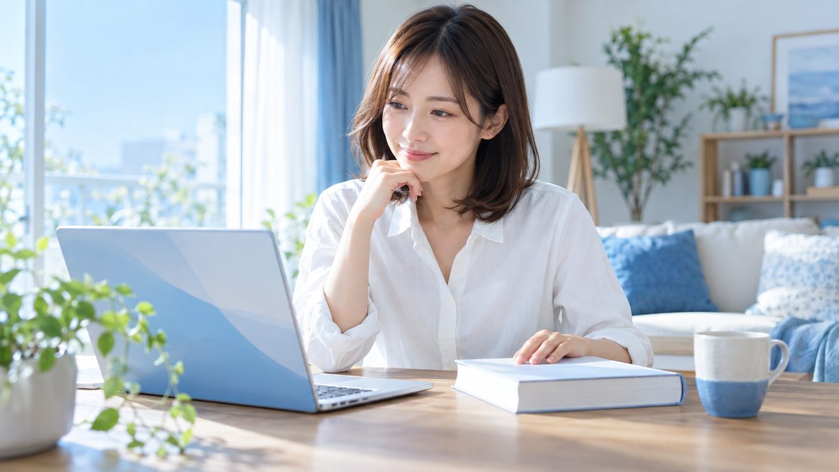 英検1級のオンライン講座を検討しながら、自宅のテーブルで問題冊子とノートPCを見比べる女性