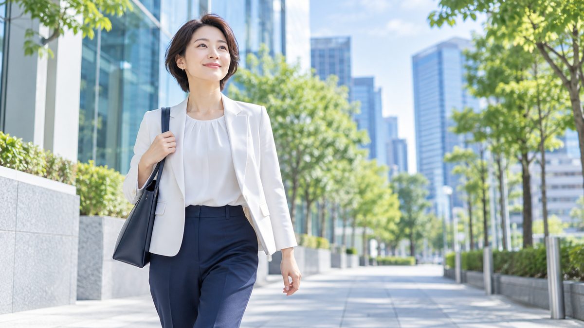 英検1級に向けた学び方を決め、朝のオフィス街を晴れやかな表情で歩き出す女性