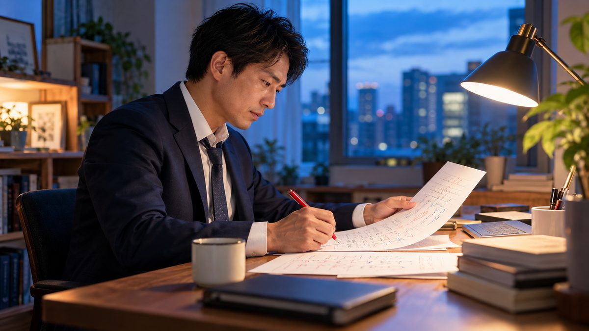 仕事のあと自宅の書斎で、英検1級の独学で書いた英作文を見直して次の一手を考える男性