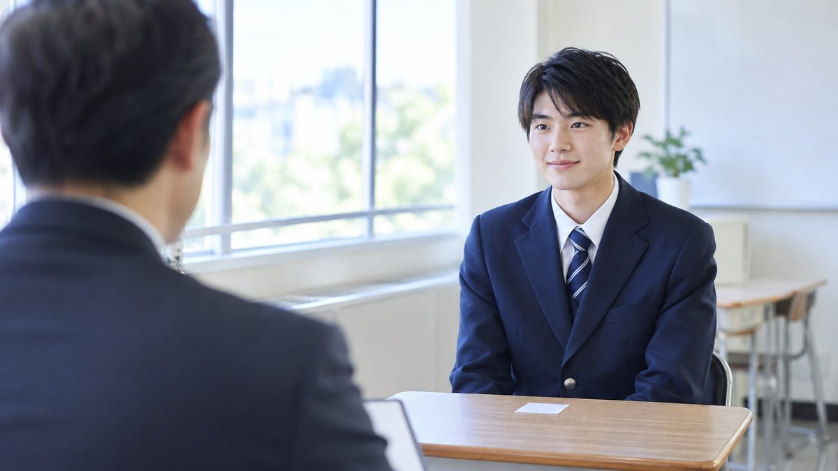 英検準1級の二次試験の面接室で、面接委員と向かい合って落ち着いて受け答えする男子高校生