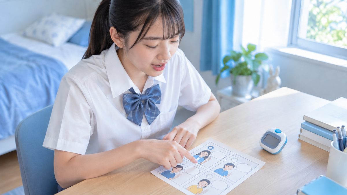 英検準1級の面接のナレーション練習で、4コマのイラストを指でたどりながらストップウォッチで2分を計る女子高校生