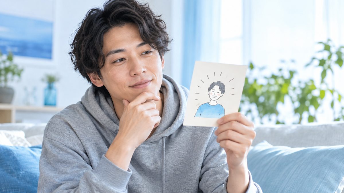 英検準1級の面接のNo.1に備え、イラストの人物の立場になって考える男性