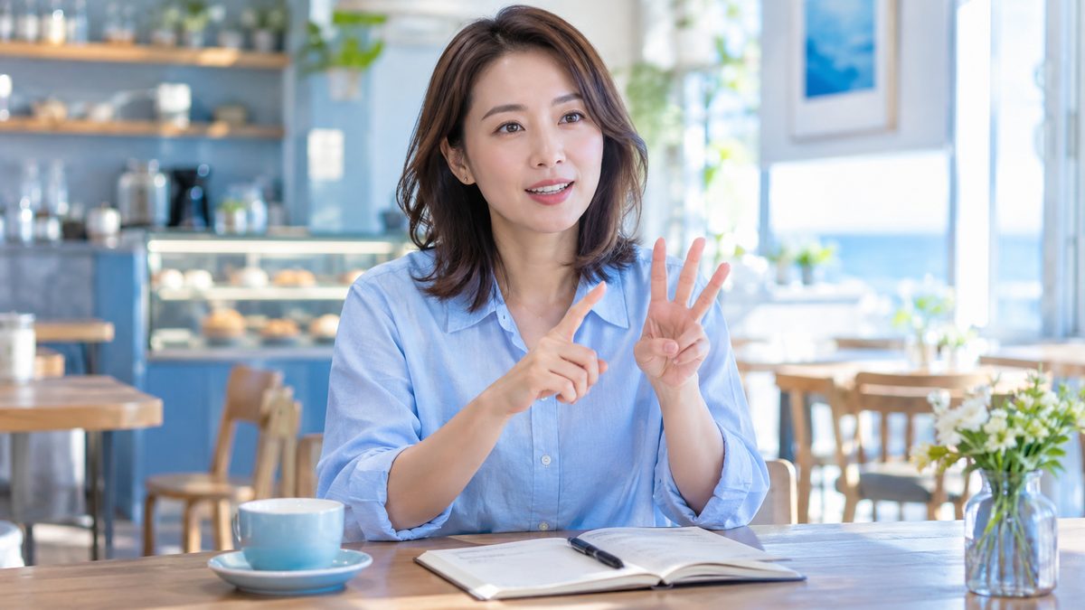カフェで指を折りながら、英検準1級の面接で意見を結論・理由・具体例の順に話す練習をする女性
