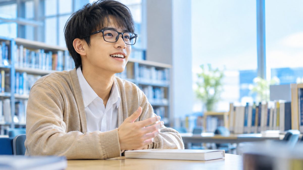 図書館の自習スペースで、言葉に詰まっても気持ちを切り替えて英語で話し出す眼鏡の男子高校生