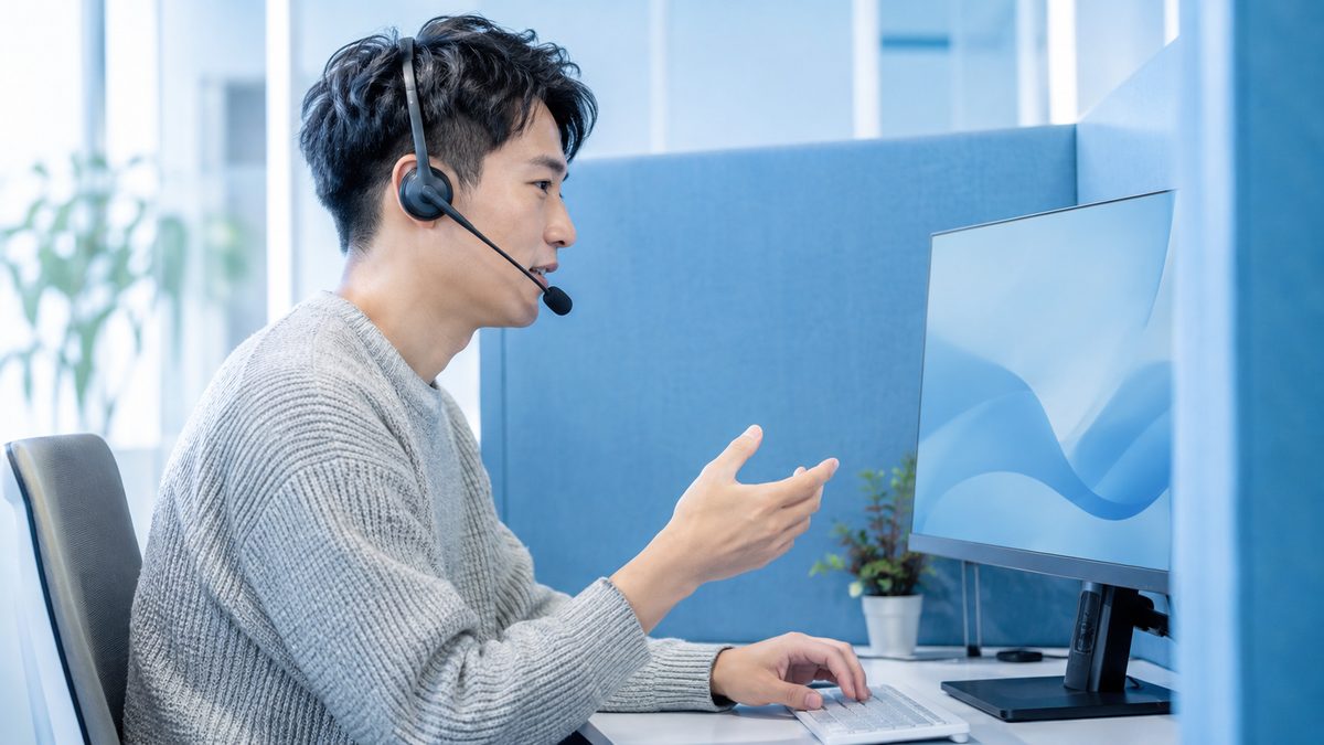 ヘッドセットを着けてパソコンに向かい、英検準1級のスピーキングを想定してはっきり話す男性