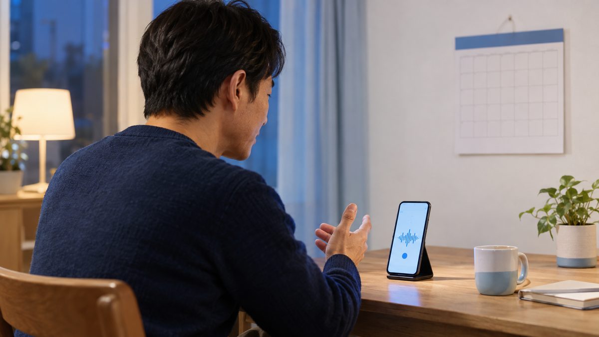 本番までの約2週間、スマートフォンで自分の声を録音しながら英検準1級の面接練習をする男性