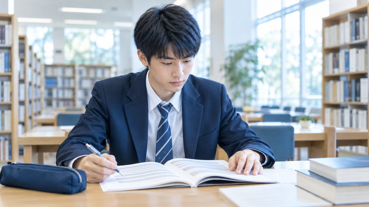 図書館で英検準1級の問題冊子を開き、要約問題の出題形式を確かめる高校生