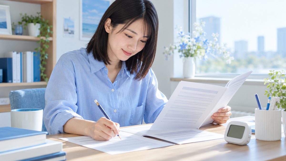 英検準1級の要約問題のコツを意識しながら、問題冊子の英文を短くまとめて解答用紙に書く女性