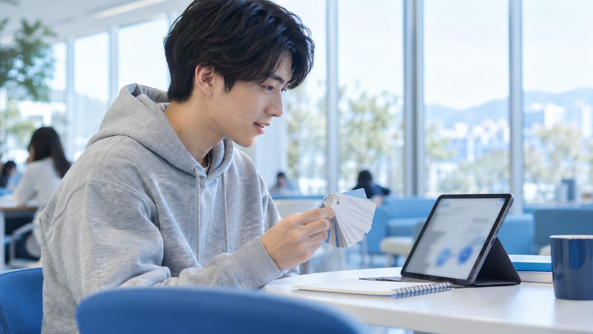 単語カードとタブレットで同義語を確認し、英検準1級の要約に使う言い換え表現を増やす大学生