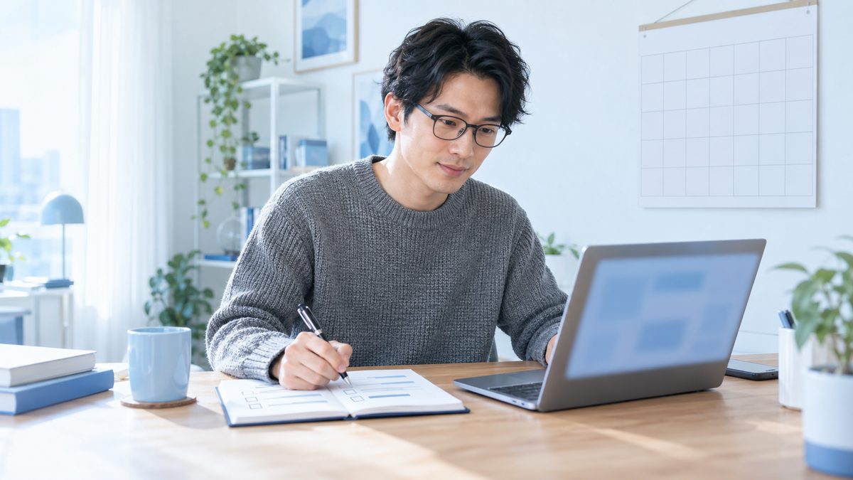 ノートPCで答案を見直しながら、英検準1級の要約の4週間練習プランを立てる眼鏡の男性