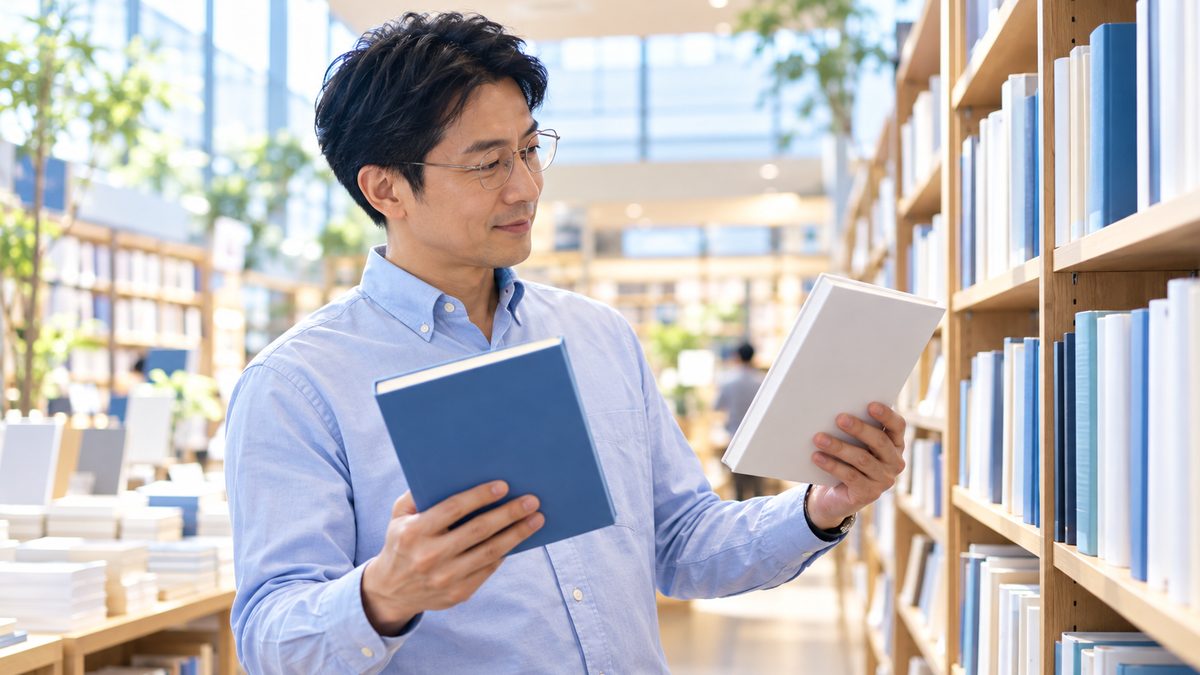 VERSANTの参考書が新形式に対応しているかを確かめる40代の日本人男性