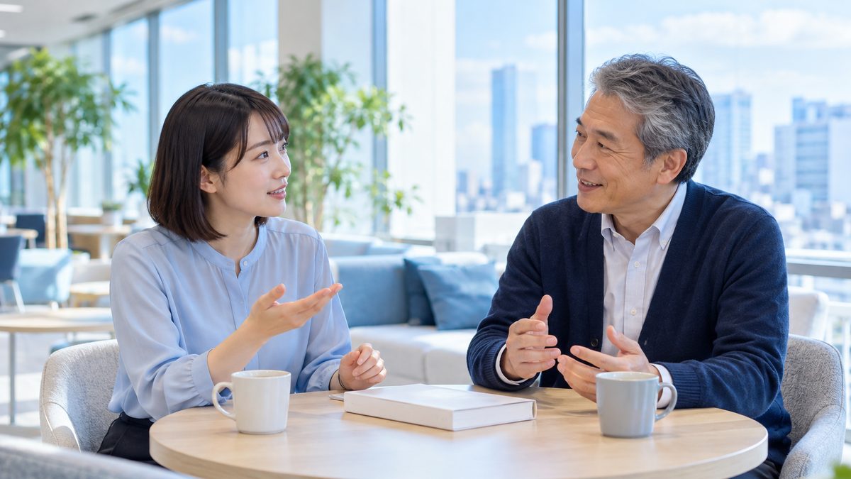 オフィスのラウンジで、VERSANT対策の参考書について先輩社員に相談する20代の日本人女性