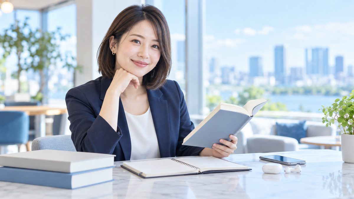 VERSANT対策の参考書を選びながら、スマホとノートを並べて学習計画を立てる30代の日本人女性