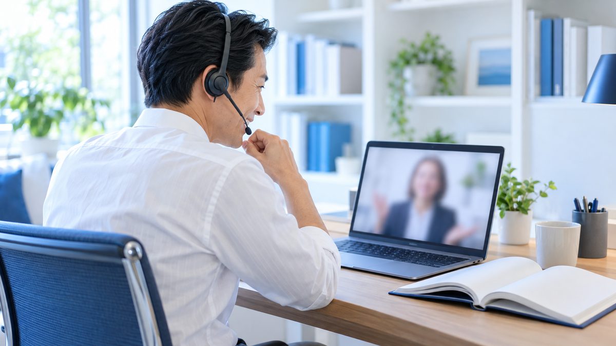オンラインのVERSANT対策レッスンで講師からフィードバックを受ける40代の日本人男性