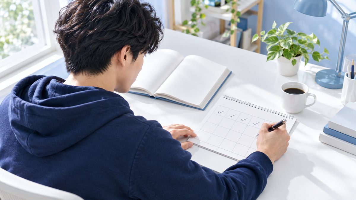 参考書を4週間で使い切るために、カレンダー型の学習計画表に予定を書き込む20代の日本人男性