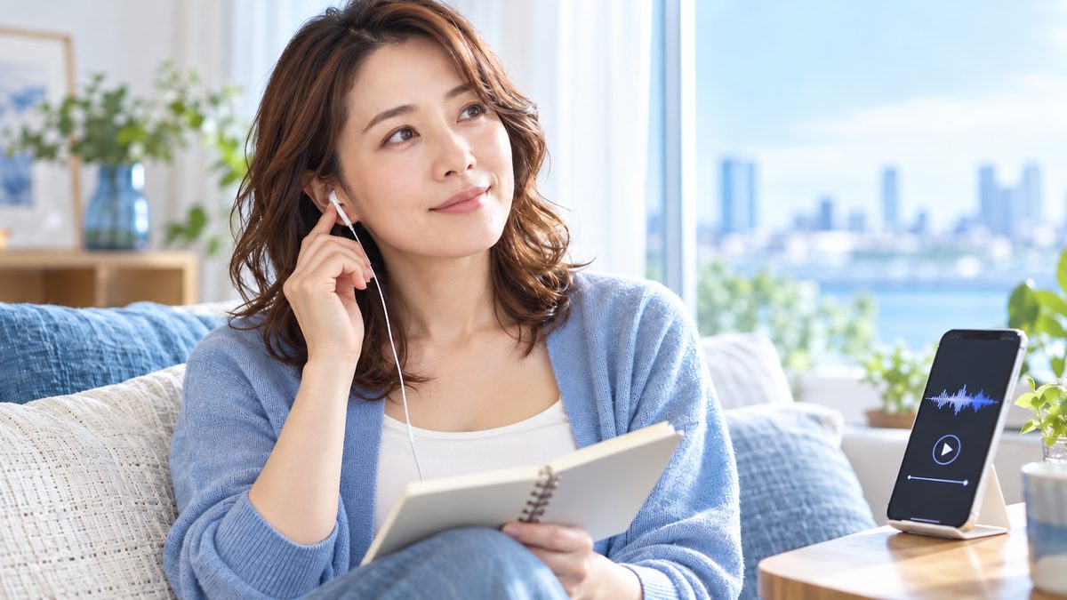 独学でのVERSANT対策として、自分の英語の録音をスマホで聞き返して確認する30代の日本人女性